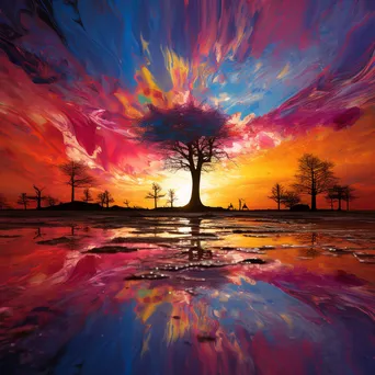 Giant trees resembling paintbrushes with colors spilling onto the ground under a vibrant sky. - Image 4