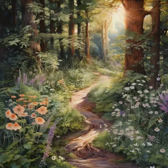 Sunlit forest pathway painted with vegetable and flower-based dyes, inspired by Pre-Raphaelite art - Image 2