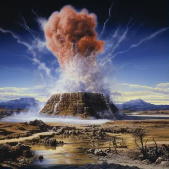 Illustration of a geyser erupting in a barren landscape with steam and hot water shooting high into the air. - Image 1