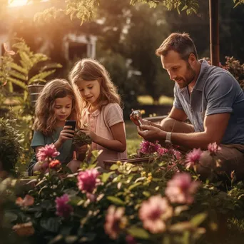 Family planting flowers together in the backyard garden. - Image 3