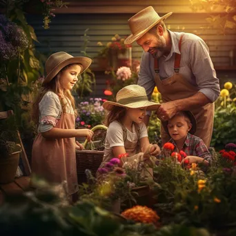 Family planting flowers together in the backyard garden. - Image 4