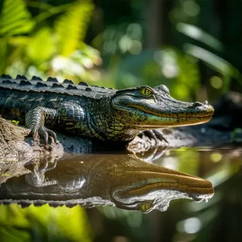 Sleek caiman on sunlit rock by tranquil river - Image 3