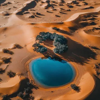 Aerial view of a desert oasis amidst sand dunes - Image 1