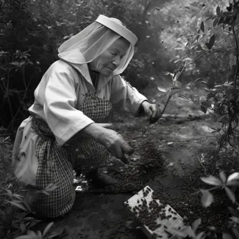 Woman harvesting herbs in a green garden with bees - Image 2