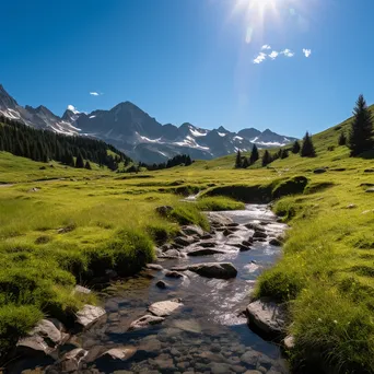 Panoramic view of an alpine meadow with a stream and lush mountainous background. - Image 4