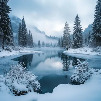 Secluded alpine lake surrounded by snow-covered trees in winter - Image 1