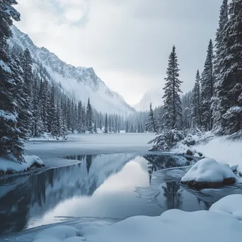 Secluded alpine lake surrounded by snow-covered trees in winter - Image 3