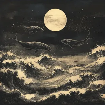 Minimalistic Japanese-style ink painting of a moonlit seascape with lurking nightmare beasts - Image 3