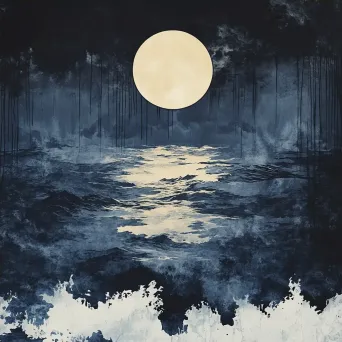 Minimalistic Japanese-style ink painting of a moonlit seascape with lurking nightmare beasts - Image 4