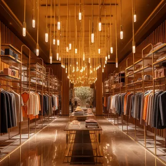 Aisle of a boutique filled with clothing and soft overhead lighting. - Image 1