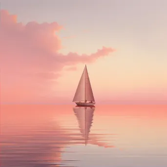 Lone sailboat on a vast, tranquil sea under a coral pink sunset sky - Image 2