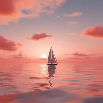 Lone sailboat on a vast, tranquil sea under a coral pink sunset sky - Image 3