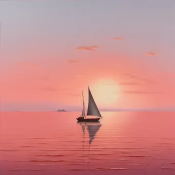 Lone sailboat on a vast, tranquil sea under a coral pink sunset sky - Image 4