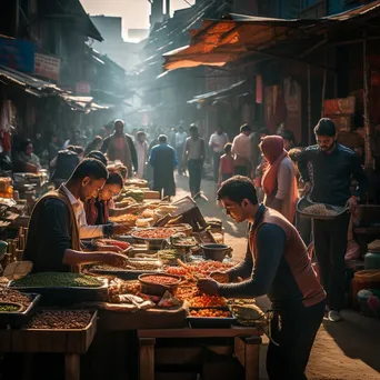 Vendors at a street market engaging in digital payments with smartphones in soft sunlight. - Image 2