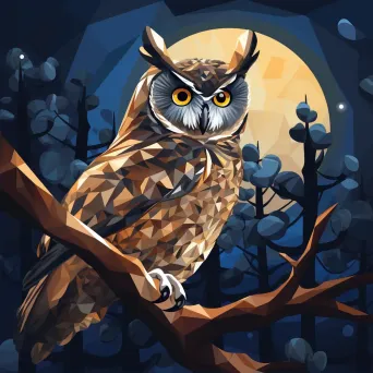 Geometric representation of an owl perched on a branch at night in low poly style - Image 2