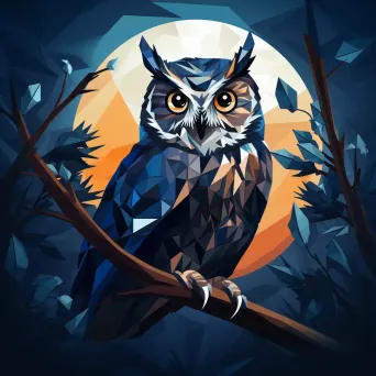 Geometric representation of an owl perched on a branch at night in low poly style - Image 3