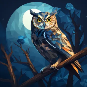 Geometric representation of an owl perched on a branch at night in low poly style - Image 4