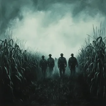 Ghostly soldiers in chiaroscuro effect fading into a tranquil cornfield - Image 1