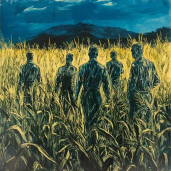 Ghostly soldiers in chiaroscuro effect fading into a tranquil cornfield - Image 2