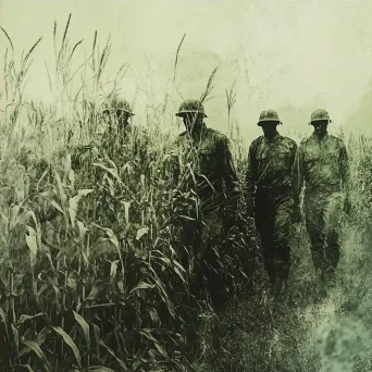 Ghostly soldiers in chiaroscuro effect fading into a tranquil cornfield - Image 4