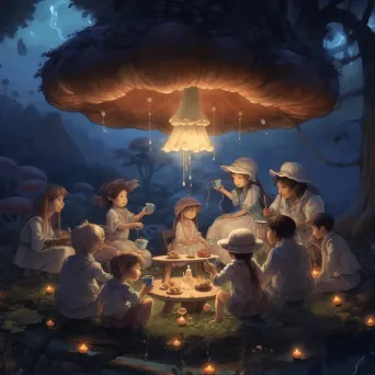 Illustration of a fairy tea party in a moonlit glen with children and fairies sharing stories and laughter - Image 1