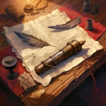 Ancient scroll on a wooden table with a quill and inkpot symbolizing historical documentation - Image 1