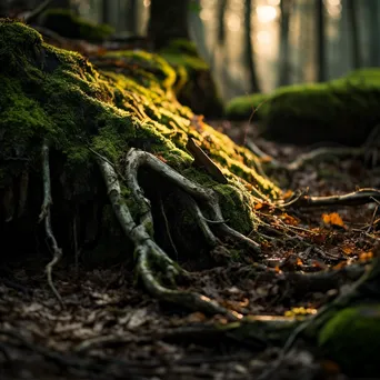 Close-up of cracked soil and moss in a forest understory at twilight. - Image 1