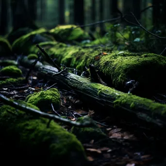 Close-up of cracked soil and moss in a forest understory at twilight. - Image 4