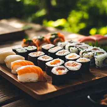 Beautiful sushi platter with various nigiri and maki rolls on a wooden board - Image 2