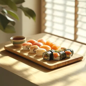 Beautiful sushi platter with various nigiri and maki rolls on a wooden board - Image 3