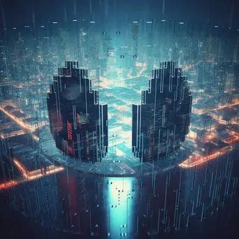 Abstract digital shield design overlaid on futuristic cityscape - Image 1