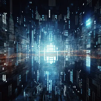 Abstract digital shield design overlaid on futuristic cityscape - Image 2