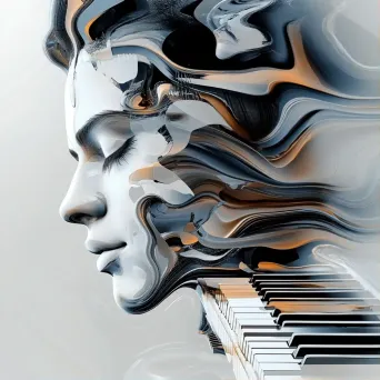 Surrealist painting of jazz pianist enveloped by floating piano keys - Image 1