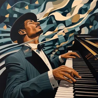 Surrealist painting of jazz pianist enveloped by floating piano keys - Image 3