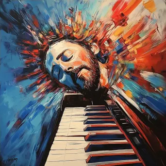 Surrealist painting of jazz pianist enveloped by floating piano keys - Image 4