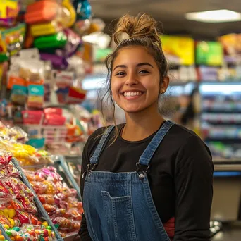 Cashier smiling behind the register with candy and snacks displayed in the background. - Image 3