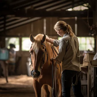 Novice rider learning to saddle a horse with mentor