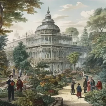 Image of a botanical garden in a Victorian era setting with a glass greenhouse - Image 3