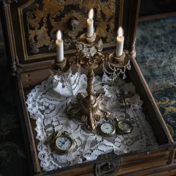 Vintage candelabra on lace doily, old pocket watch on ornate wooden box - Image 2