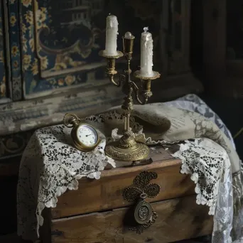 Vintage candelabra on lace doily, old pocket watch on ornate wooden box - Image 3