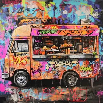 Vibrant and edgy street-art style representation of a food truck festival - Image 1