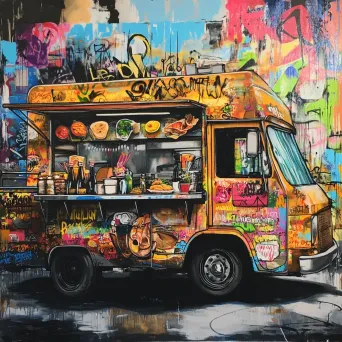 Vibrant and edgy street-art style representation of a food truck festival - Image 2