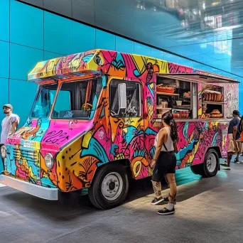 Vibrant and edgy street-art style representation of a food truck festival - Image 4