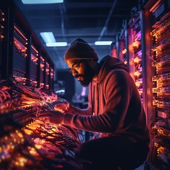 An IT technician managing servers in a busy server room with warm lighting. - Image 3