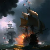 Naval battle between galleons under stormy sky - Image 2