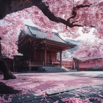 Cherry blossom tree in bloom near ancient shrine - Image 1