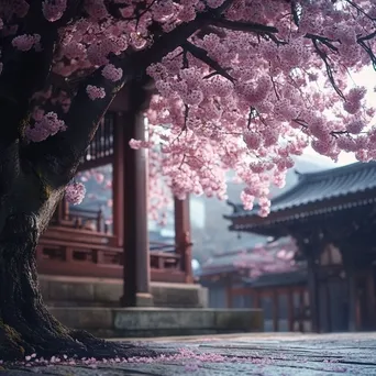 Cherry blossom tree in bloom near ancient shrine - Image 2