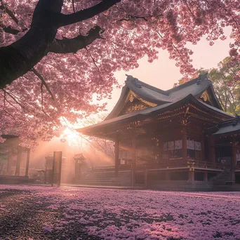 Cherry Blossom Tree Near Ancient Shrine