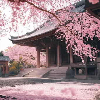 Cherry blossom tree in bloom near ancient shrine - Image 4